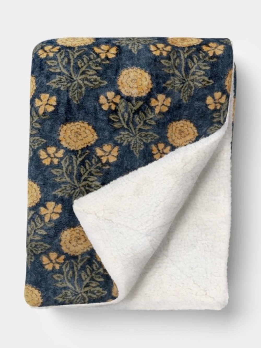 Floral Plush Throw Blanket w/Faux Shearling Reverse Blue/Wheat/Green - Threshold